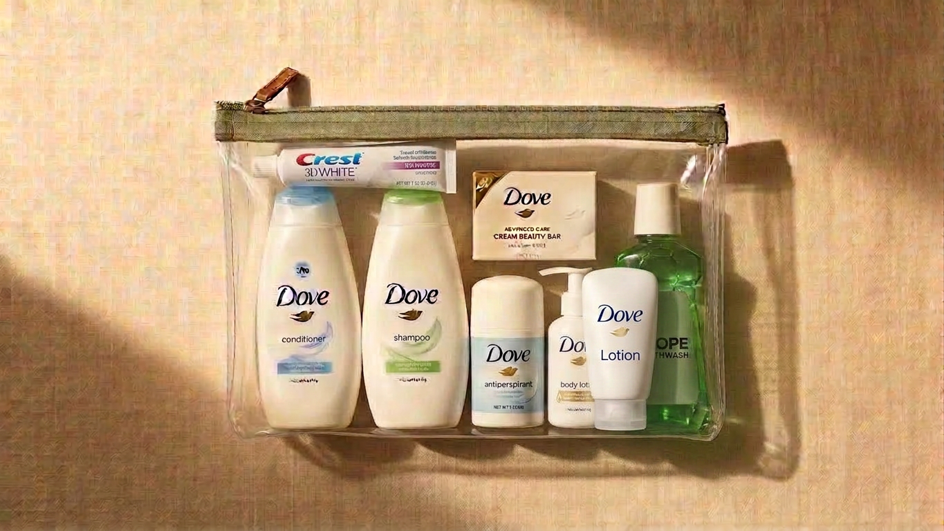 Lucky2Sell clear TSA travel bag filled with mini Dove soap, shampoo, conditioner, lotion, Scope mouthwash and Crest toothpaste